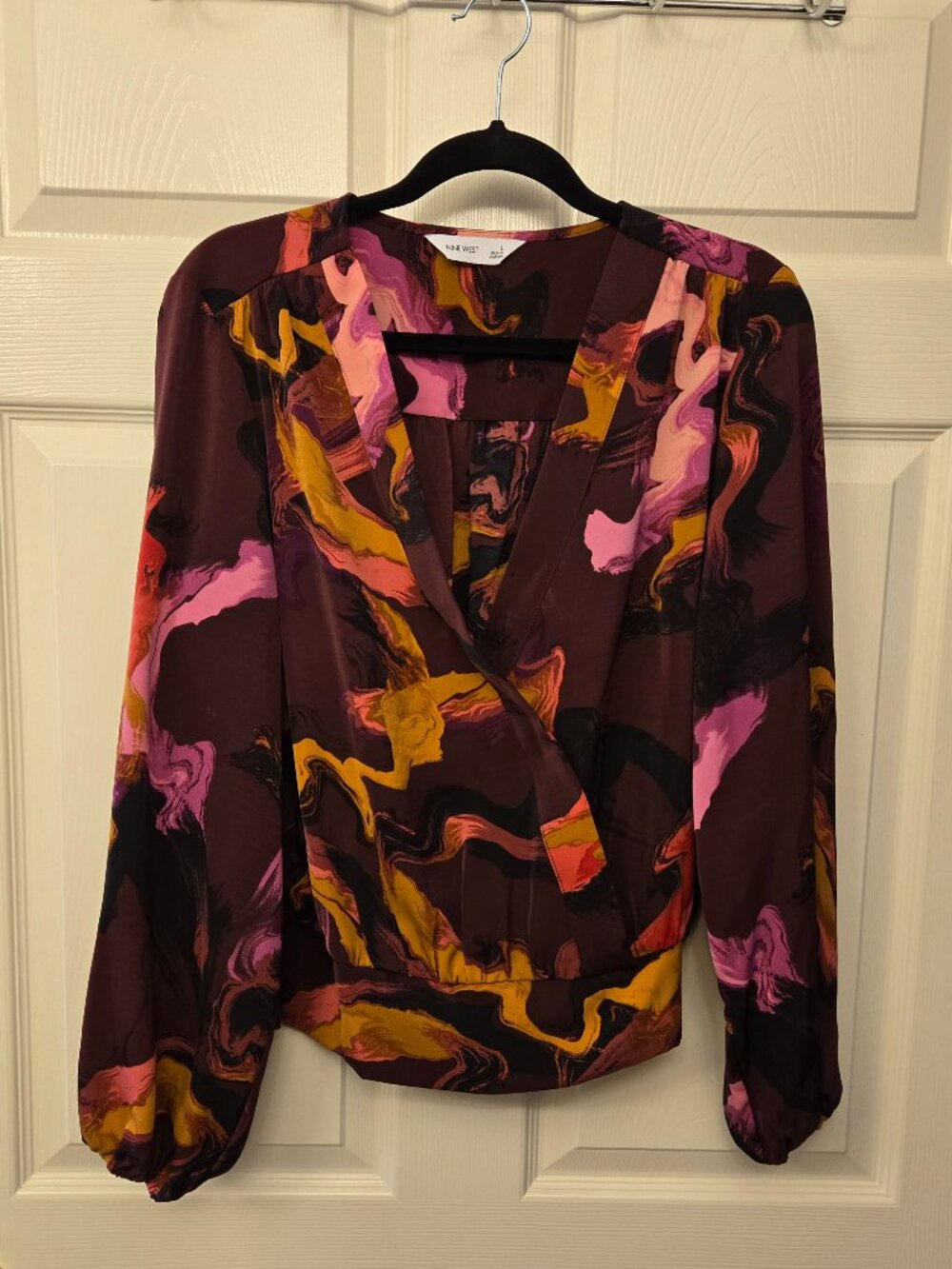 Nine West - Maroon, pink and gold patterned long sleeve bouse, size large.